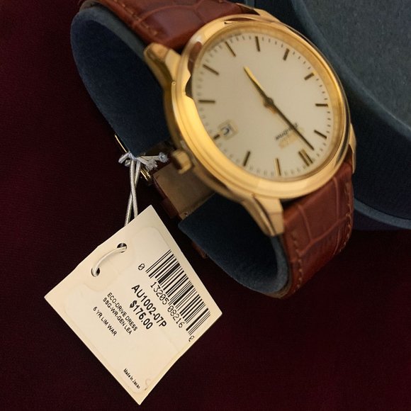 Citizen Men's AU1002-07P Eco-Drive Gold-Tone Brown Leather Strap Watch - Picture 2 of 5